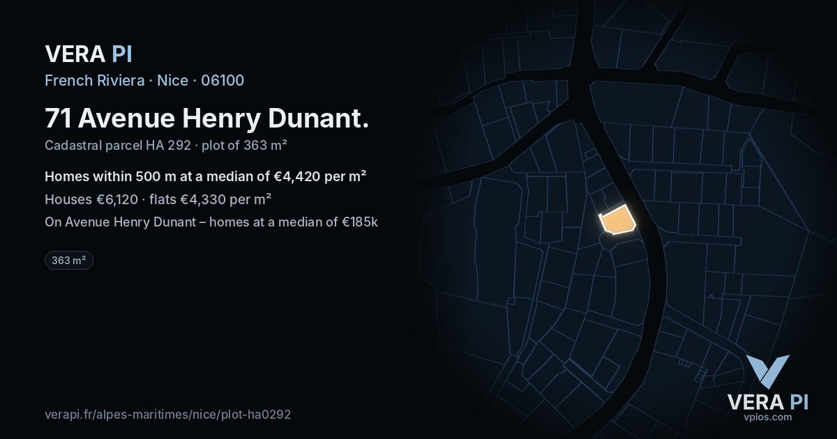 71 Avenue Henry Dunant, Nice at night – the plot lit, the parcels around coloured by the prices near them
