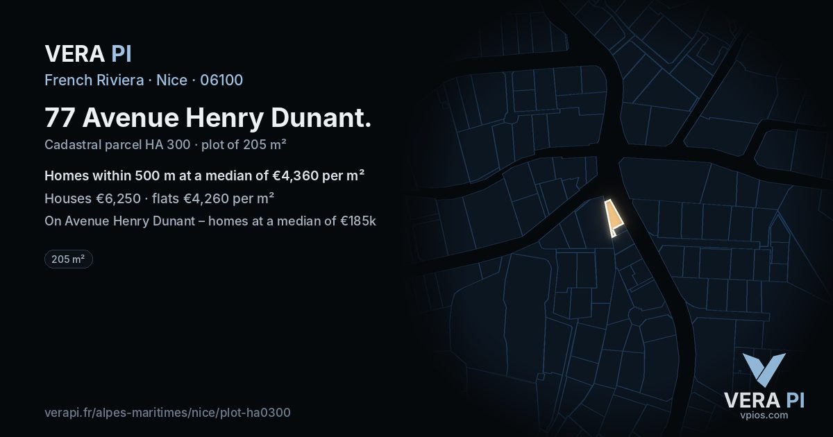 77 Avenue Henry Dunant, Nice at night – the plot lit, the parcels around coloured by the prices near them