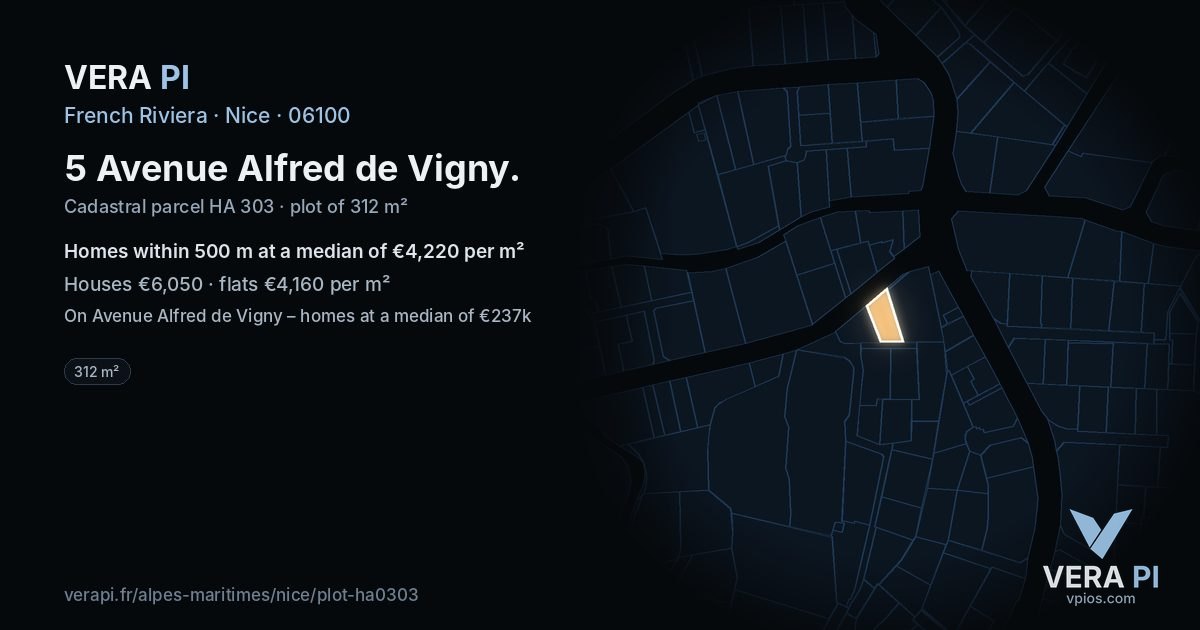 5 Avenue Alfred de Vigny, Nice at night – the plot lit, the parcels around coloured by the prices near them