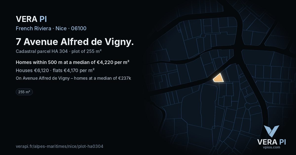 7 Avenue Alfred de Vigny, Nice at night – the plot lit, the parcels around coloured by the prices near them