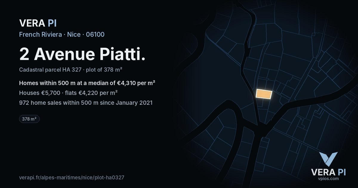 2 Avenue Piatti, Nice at night – the plot lit, the parcels around coloured by the prices near them