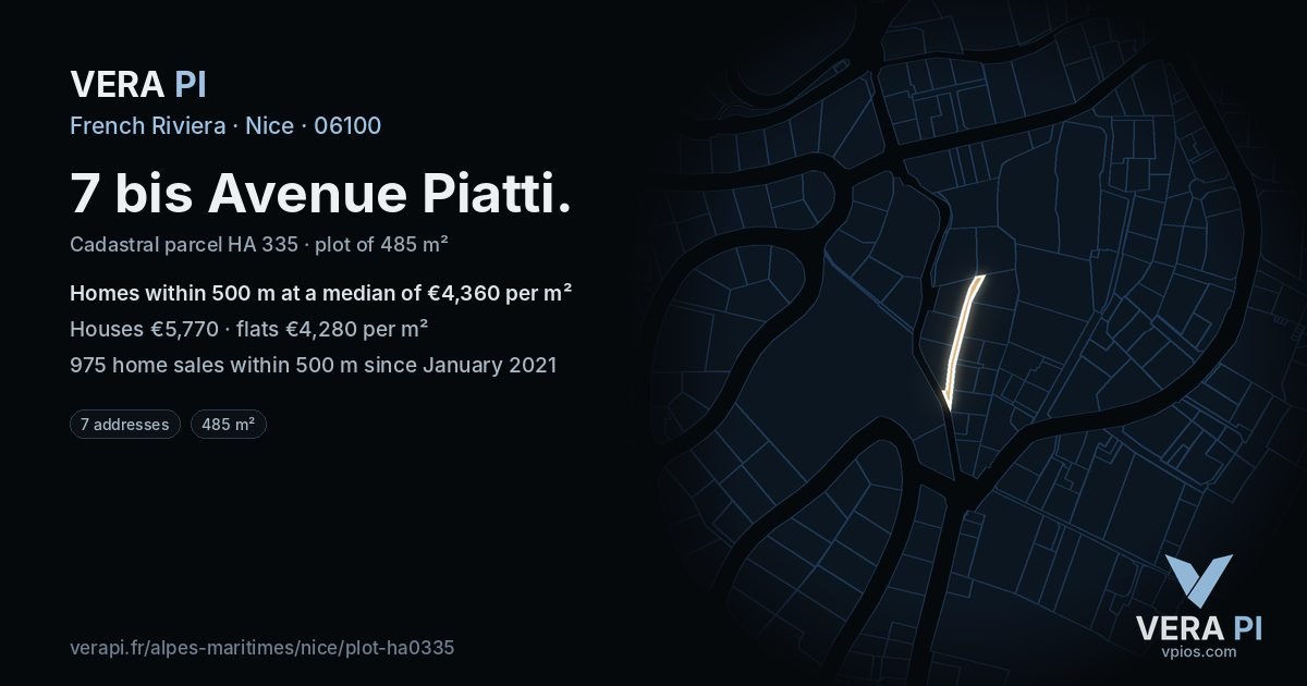 7 bis Avenue Piatti, Nice at night – the plot lit, the parcels around coloured by the prices near them