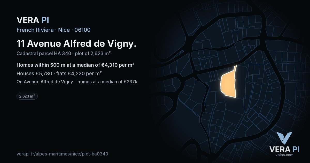 11 Avenue Alfred de Vigny, Nice at night – the plot lit, the parcels around coloured by the prices near them