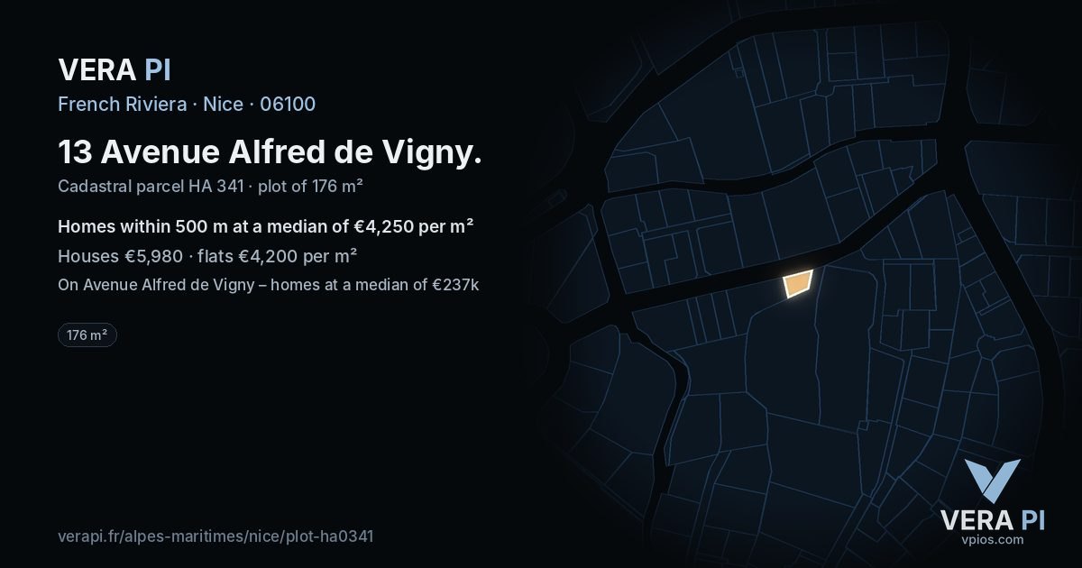 13 Avenue Alfred de Vigny, Nice at night – the plot lit, the parcels around coloured by the prices near them