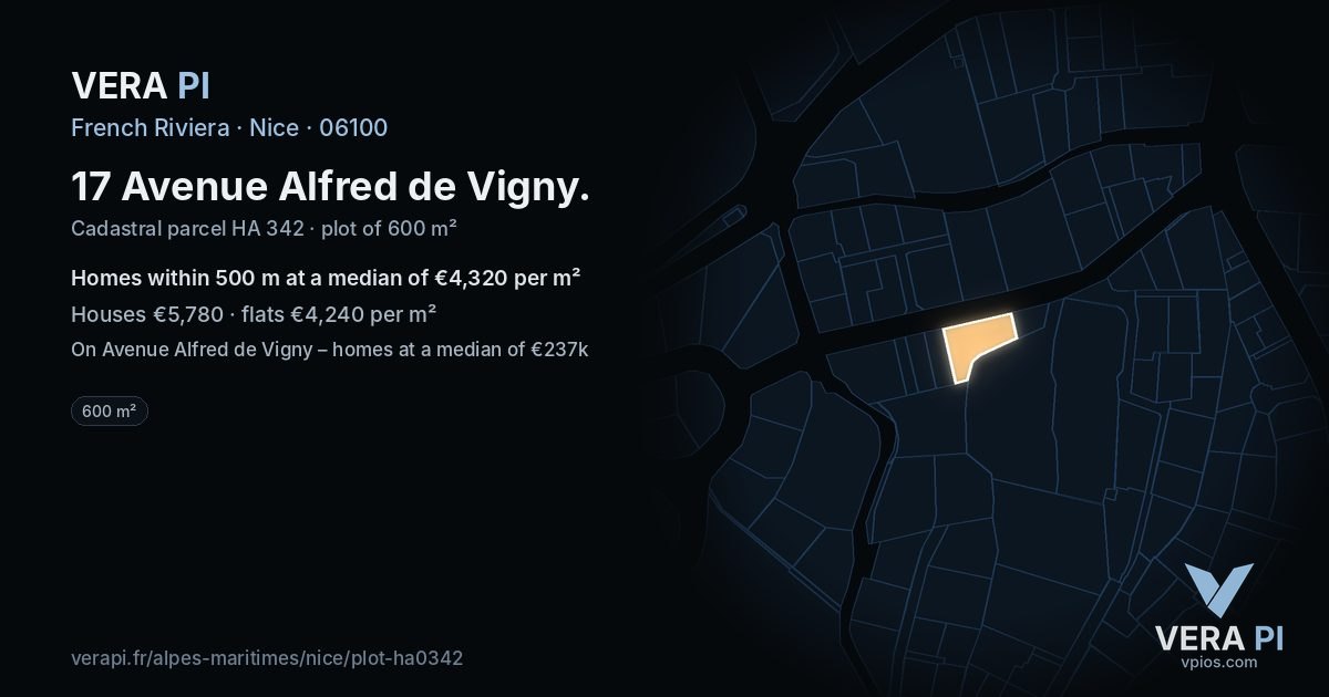 17 Avenue Alfred de Vigny, Nice at night – the plot lit, the parcels around coloured by the prices near them
