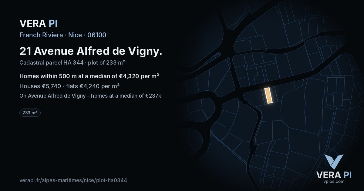 21 Avenue Alfred de Vigny, Nice at night – the plot lit, the parcels around coloured by the prices near them