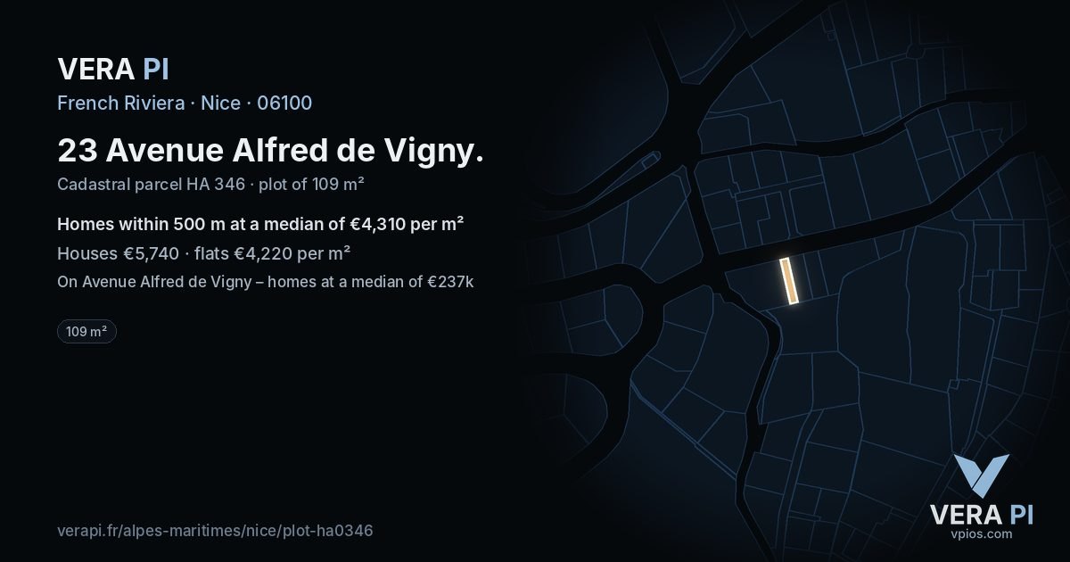 23 Avenue Alfred de Vigny, Nice at night – the plot lit, the parcels around coloured by the prices near them