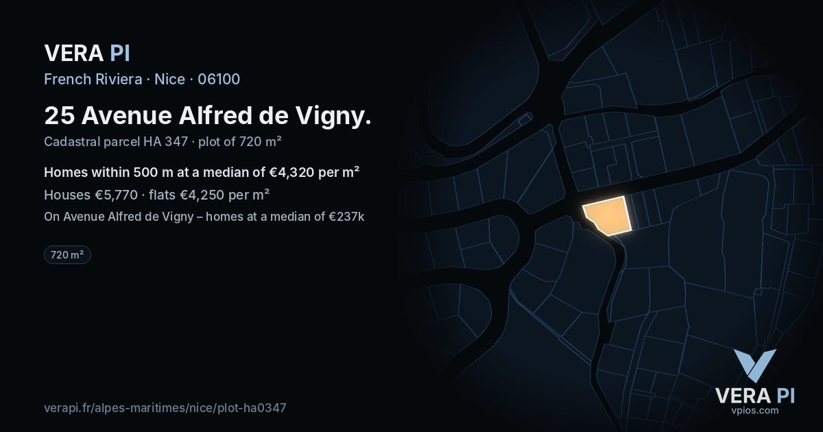25 Avenue Alfred de Vigny, Nice at night – the plot lit, the parcels around coloured by the prices near them