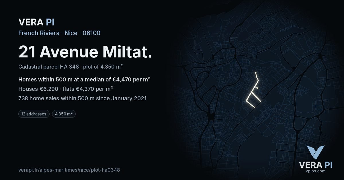 21 Avenue Miltat, Nice at night – the plot lit, the parcels around coloured by the prices near them