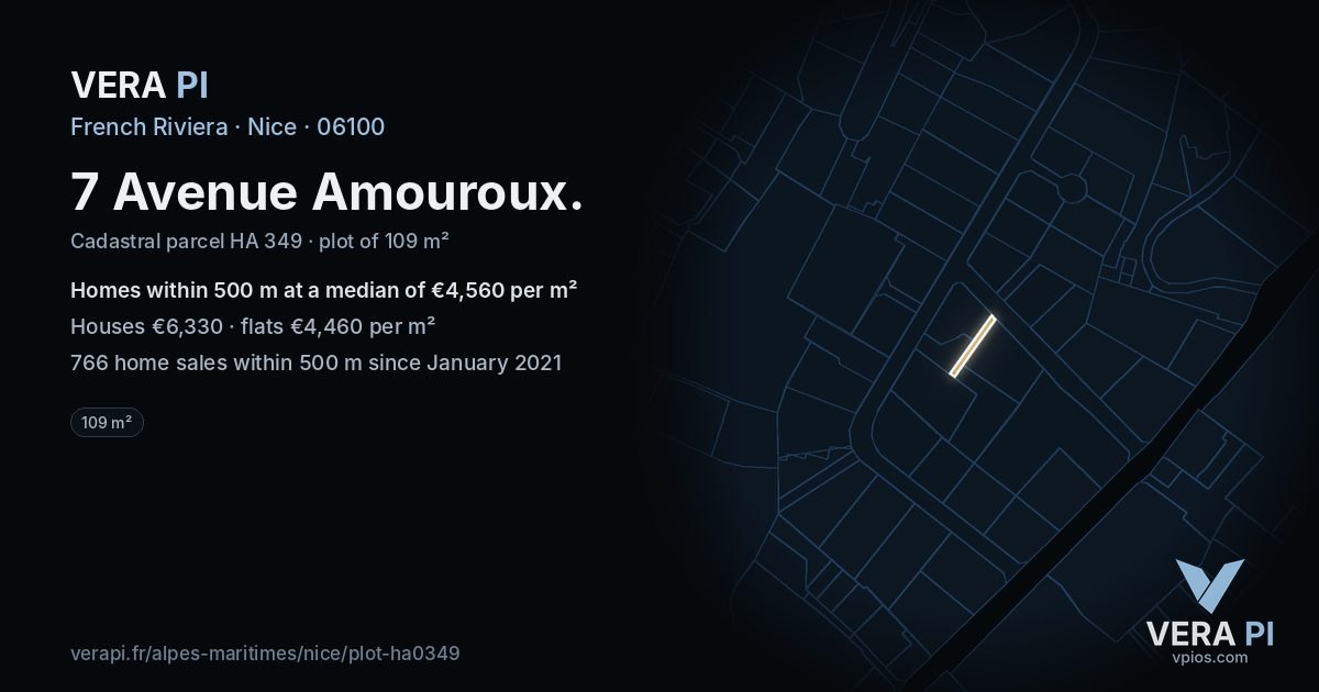 7 Avenue Amouroux, Nice at night – the plot lit, the parcels around coloured by the prices near them