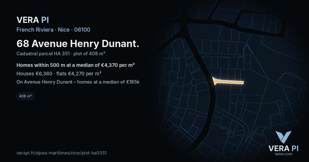 68 Avenue Henry Dunant, Nice at night – the plot lit, the parcels around coloured by the prices near them