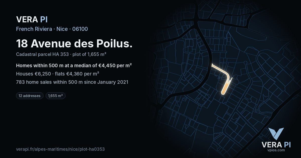 18 Avenue des Poilus, Nice at night – the plot lit, the parcels around coloured by the prices near them