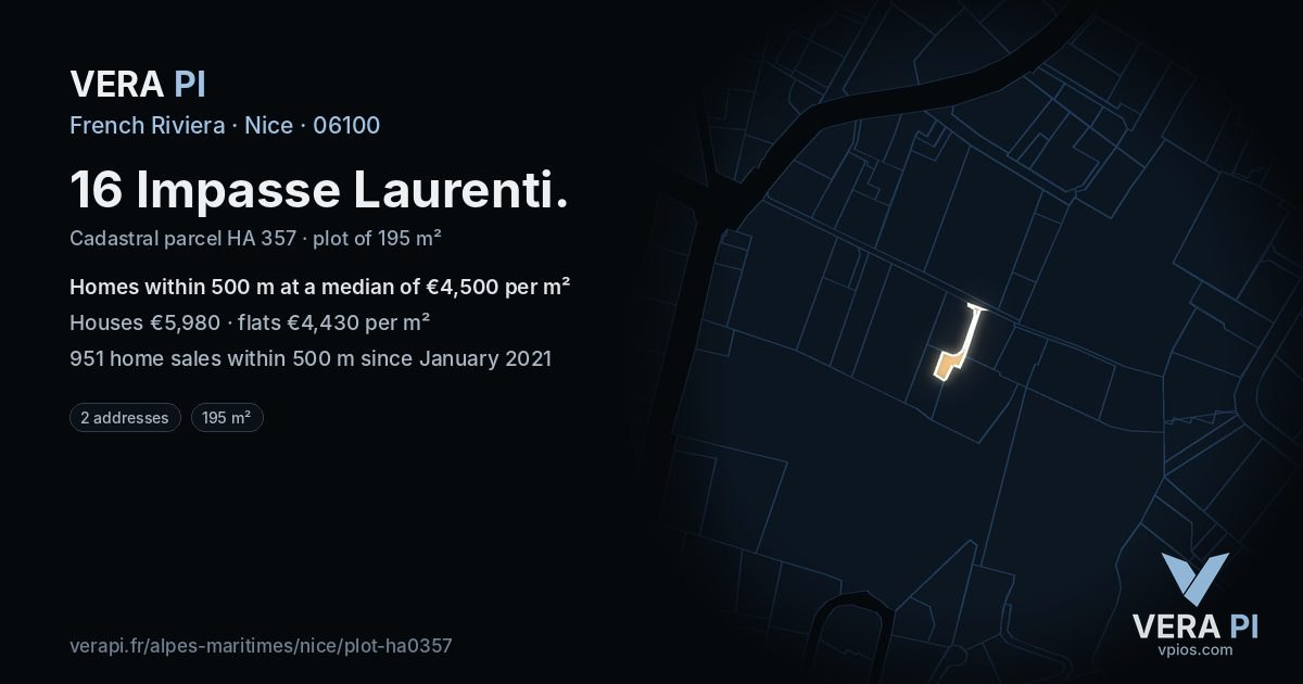 16 Impasse Laurenti, Nice at night – the plot lit, the parcels around coloured by the prices near them