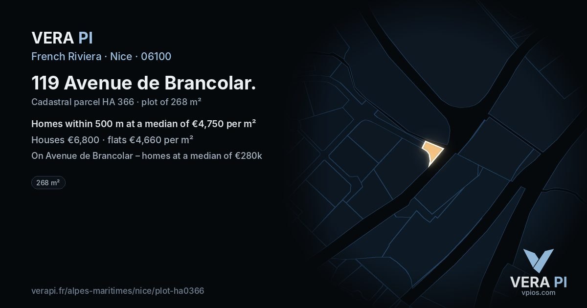 119 Avenue de Brancolar, Nice at night – the plot lit, the parcels around coloured by the prices near them