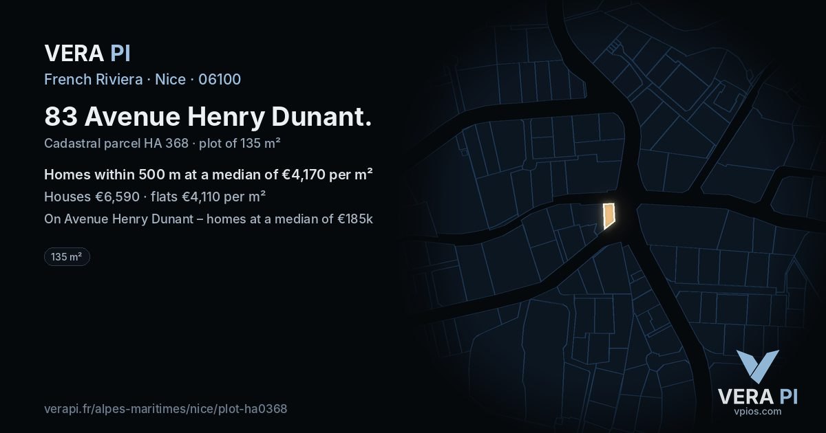 83 Avenue Henry Dunant, Nice at night – the plot lit, the parcels around coloured by the prices near them