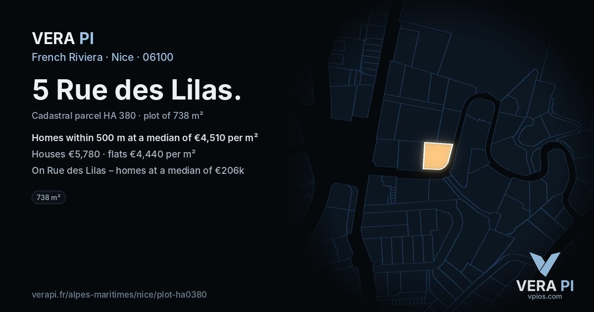 5 Rue des Lilas, Nice at night – the plot lit, the parcels around coloured by the prices near them