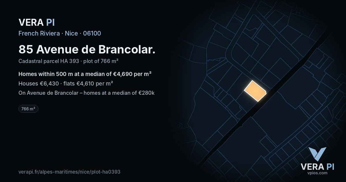 85 Avenue de Brancolar, Nice at night – the plot lit, the parcels around coloured by the prices near them