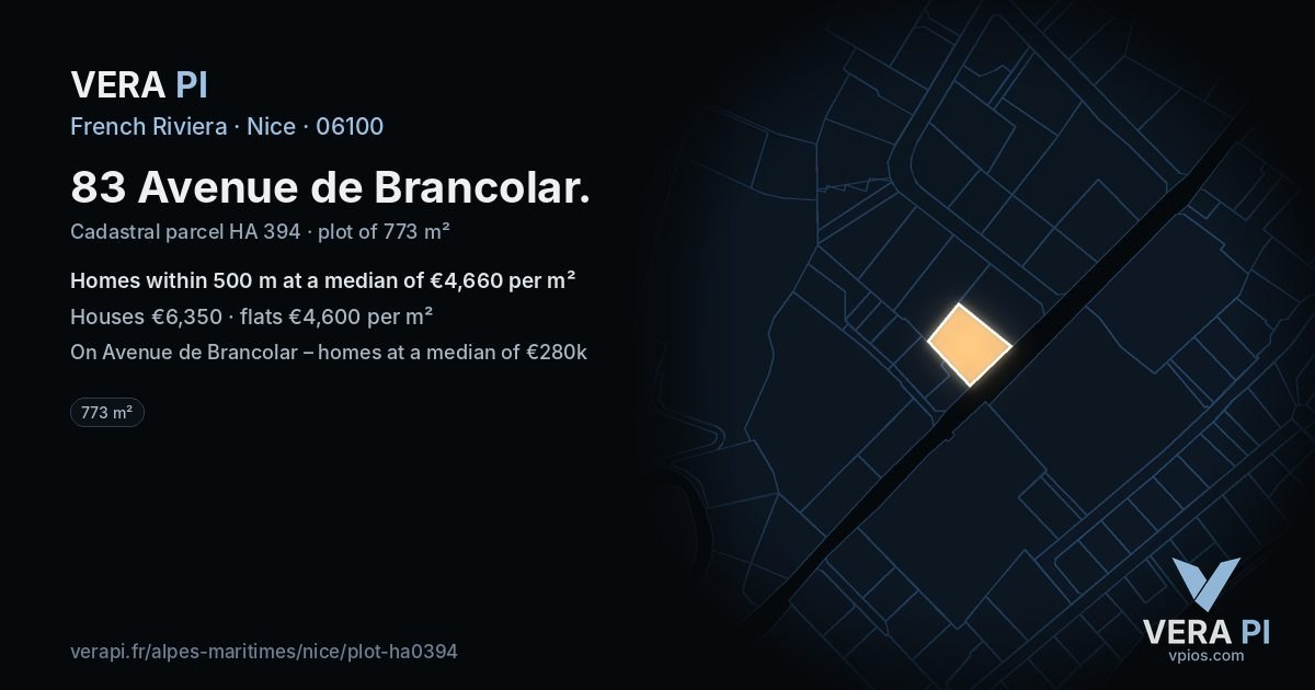 83 Avenue de Brancolar, Nice at night – the plot lit, the parcels around coloured by the prices near them