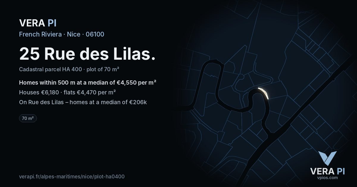 25 Rue des Lilas, Nice at night – the plot lit, the parcels around coloured by the prices near them