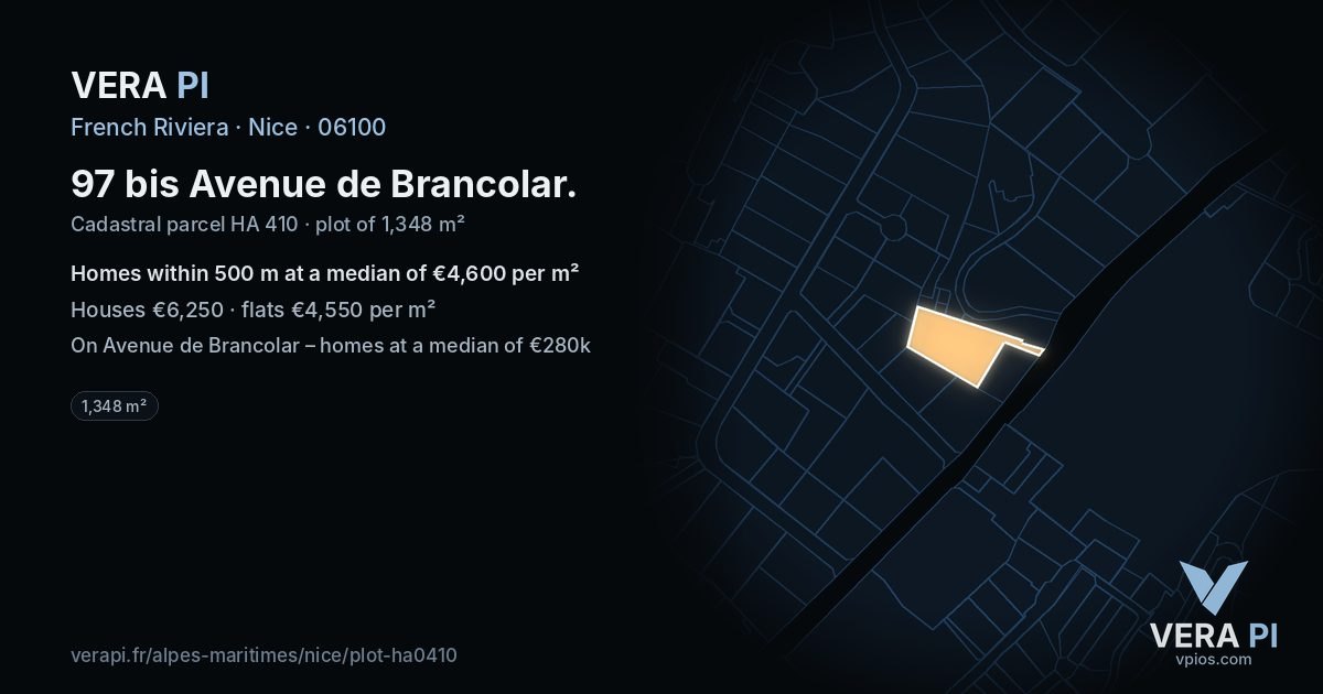 97 bis Avenue de Brancolar, Nice at night – the plot lit, the parcels around coloured by the prices near them