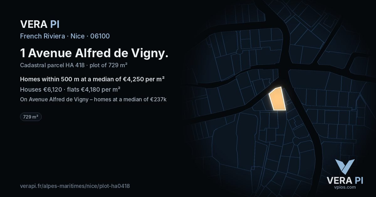 1 Avenue Alfred de Vigny, Nice at night – the plot lit, the parcels around coloured by the prices near them