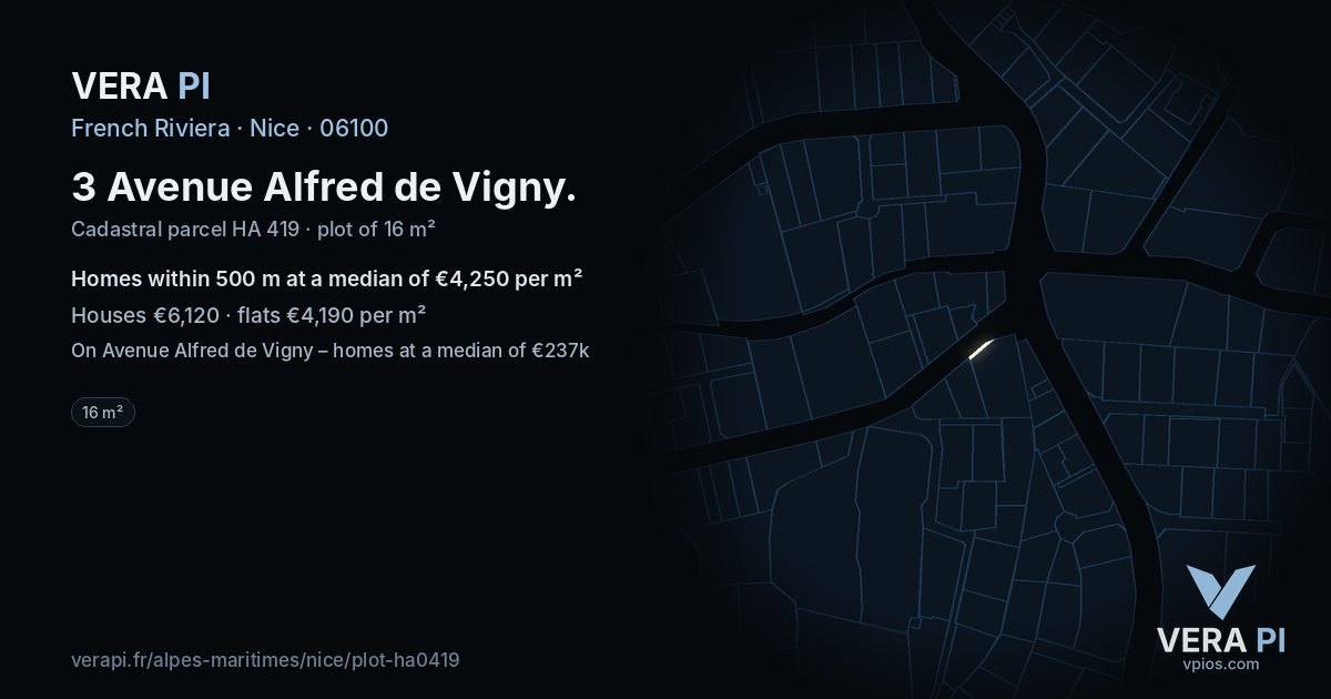 3 Avenue Alfred de Vigny, Nice at night – the plot lit, the parcels around coloured by the prices near them