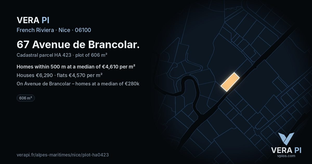 67 Avenue de Brancolar, Nice at night – the plot lit, the parcels around coloured by the prices near them