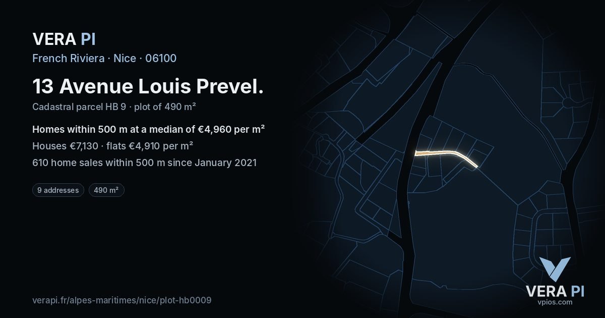 13 Avenue Louis Prevel, Nice at night – the plot lit, the parcels around coloured by the prices near them