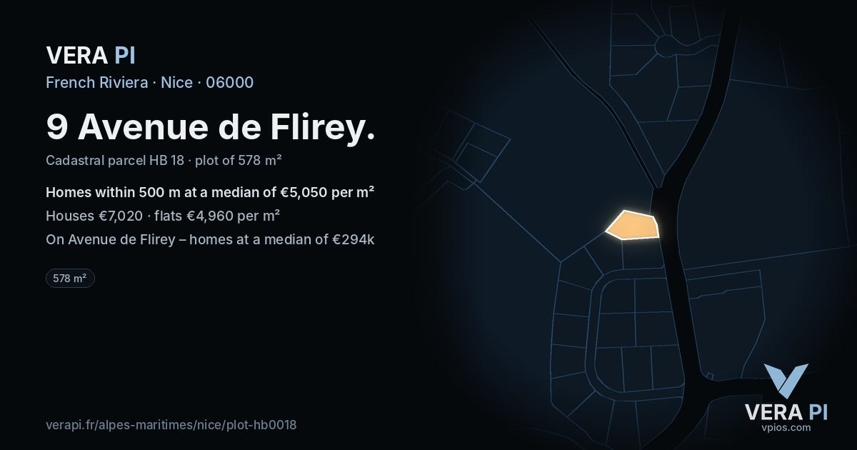 9 Avenue de Flirey, Nice at night – the plot lit, the parcels around coloured by the prices near them