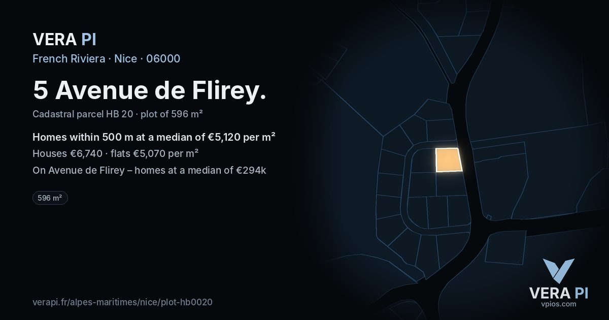 5 Avenue de Flirey, Nice at night – the plot lit, the parcels around coloured by the prices near them