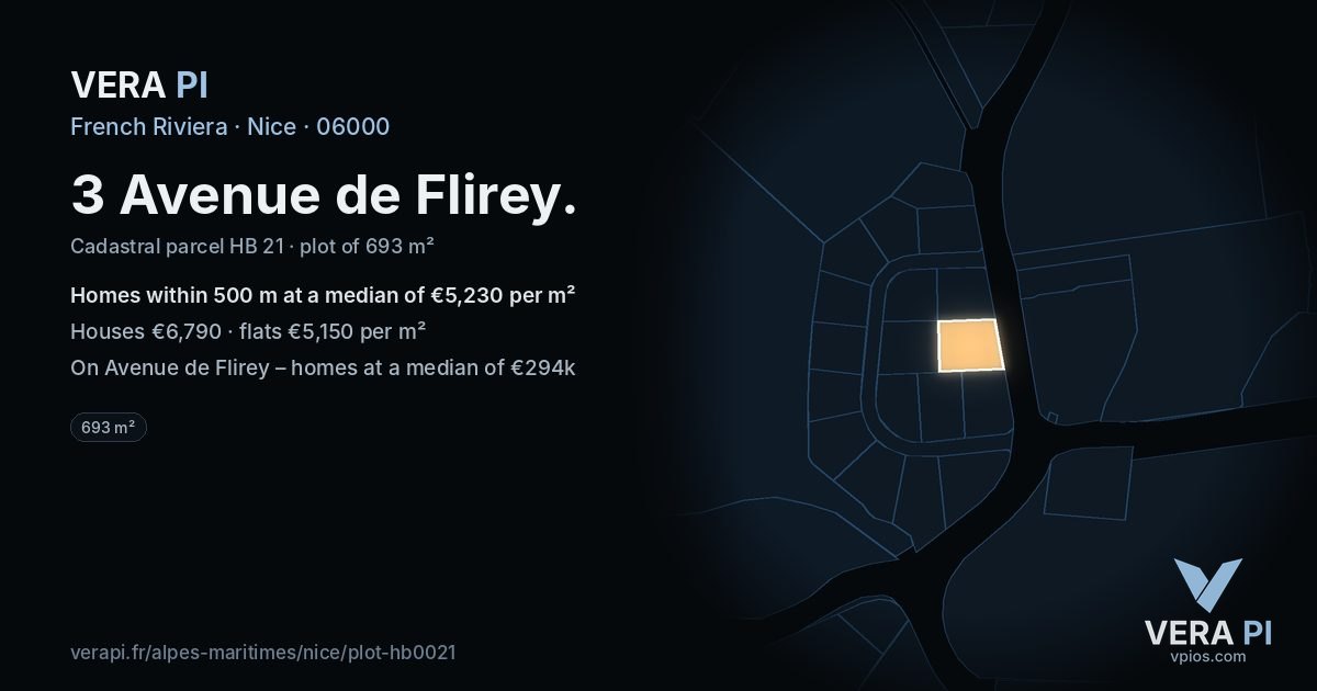 3 Avenue de Flirey, Nice at night – the plot lit, the parcels around coloured by the prices near them