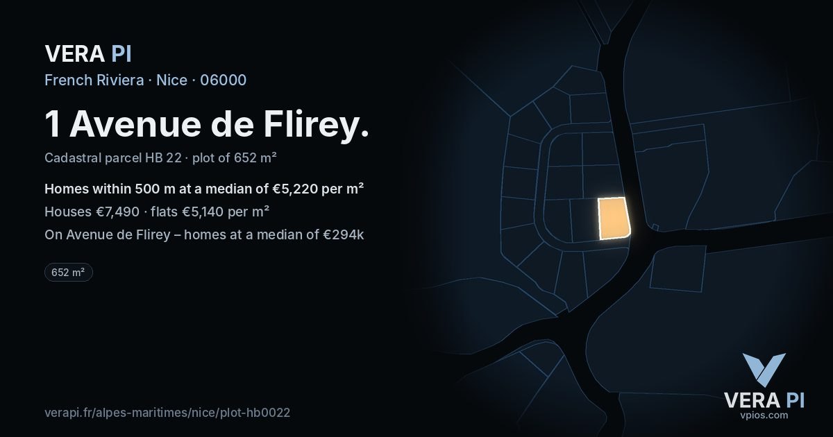 1 Avenue de Flirey, Nice at night – the plot lit, the parcels around coloured by the prices near them