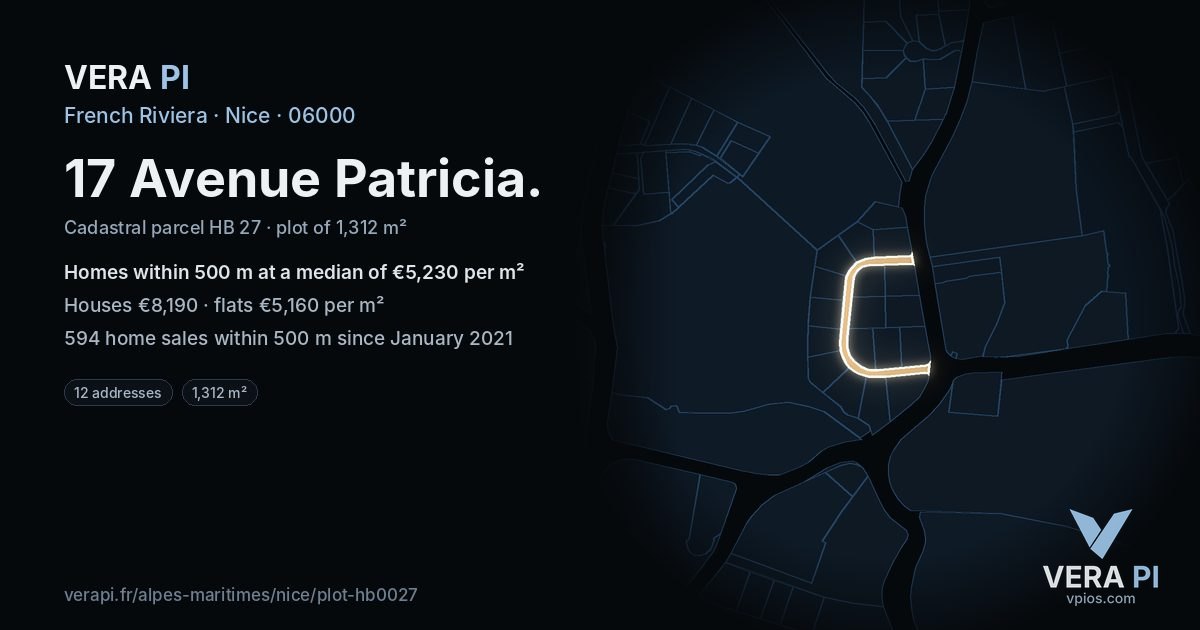 17 Avenue Patricia, Nice at night – the plot lit, the parcels around coloured by the prices near them