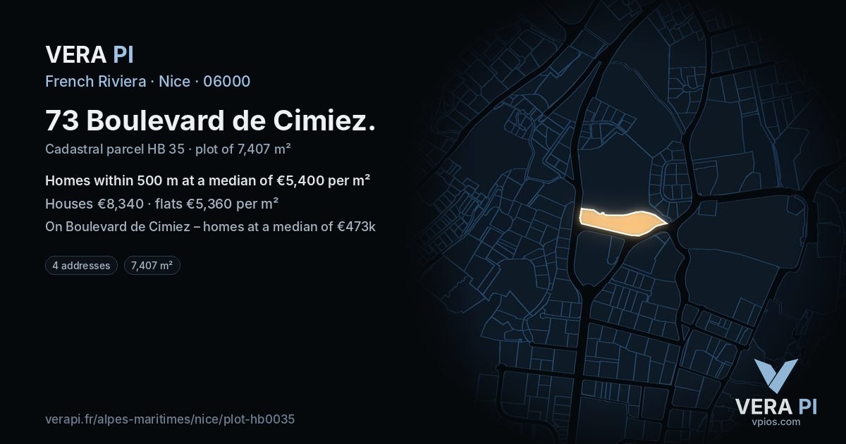 73 Boulevard de Cimiez, Nice at night – the plot lit, the parcels around coloured by the prices near them