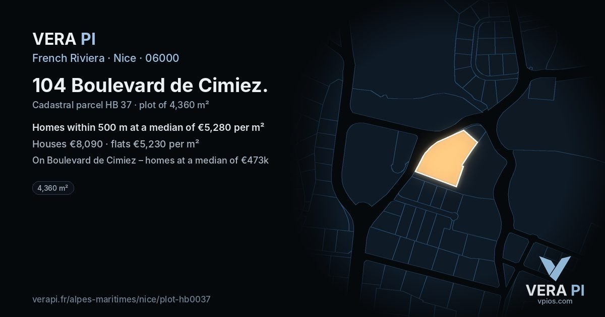 104 Boulevard de Cimiez, Nice at night – the plot lit, the parcels around coloured by the prices near them