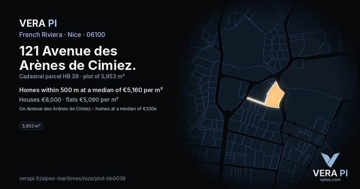 121 Avenue des Arènes de Cimiez, Nice at night – the plot lit, the parcels around coloured by the prices near them