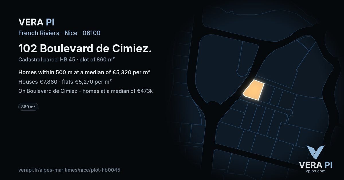 102 Boulevard de Cimiez, Nice at night – the plot lit, the parcels around coloured by the prices near them