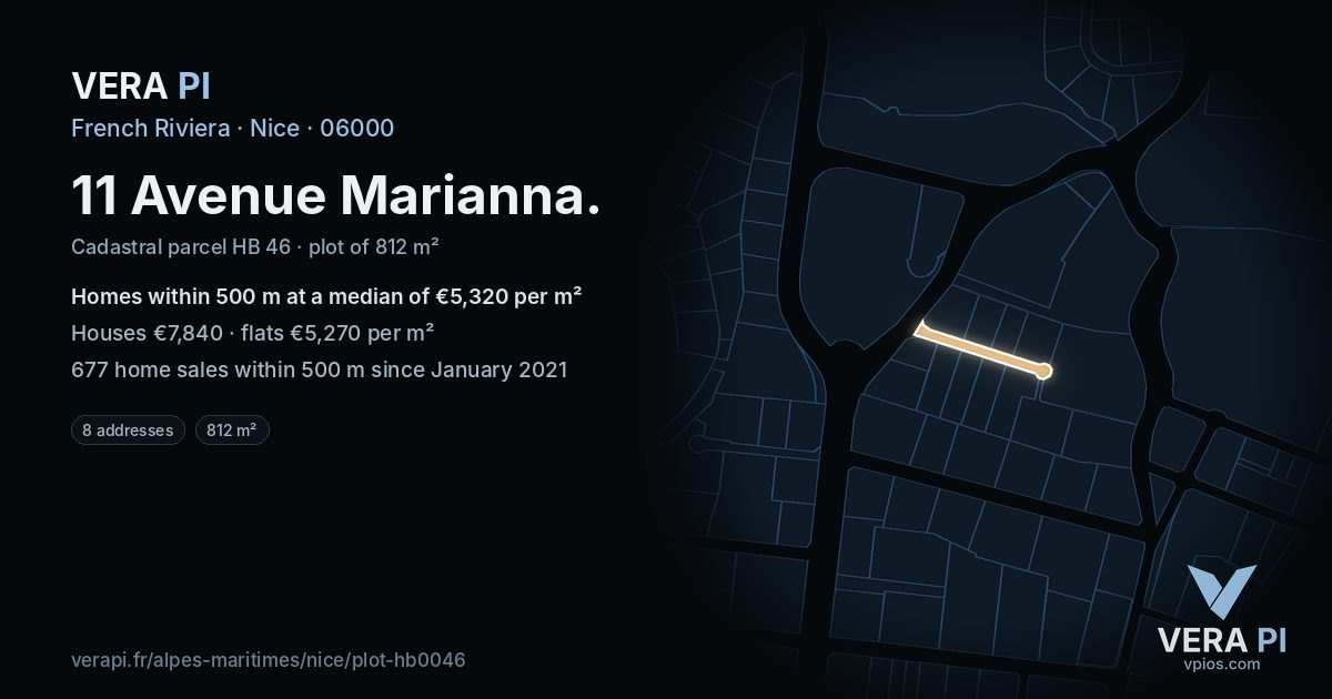 11 Avenue Marianna, Nice at night – the plot lit, the parcels around coloured by the prices near them