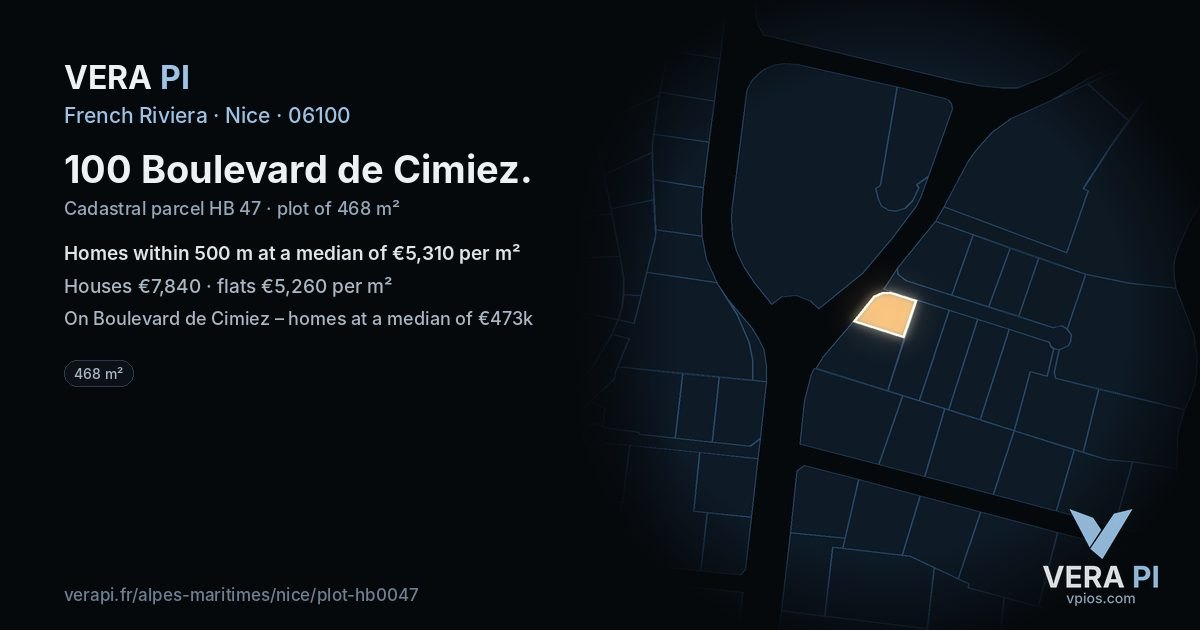 100 Boulevard de Cimiez, Nice at night – the plot lit, the parcels around coloured by the prices near them