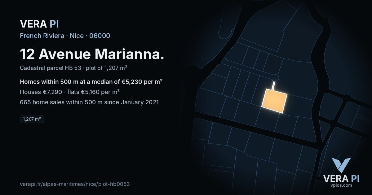12 Avenue Marianna, Nice at night – the plot lit, the parcels around coloured by the prices near them