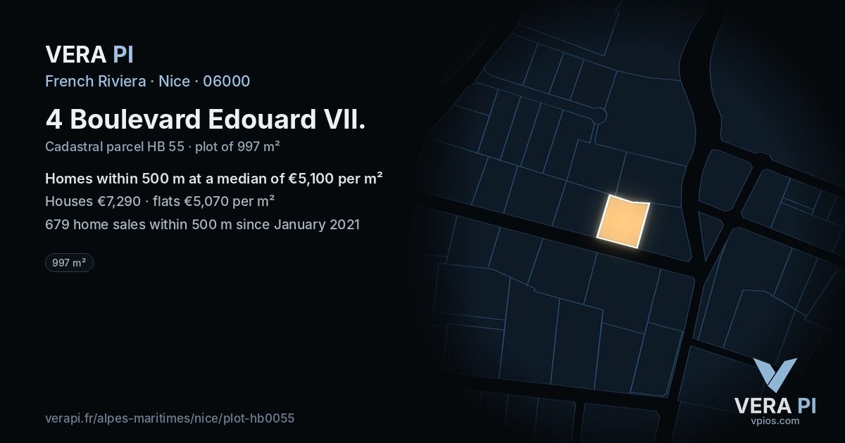 4 Boulevard Edouard VII, Nice at night – the plot lit, the parcels around coloured by the prices near them
