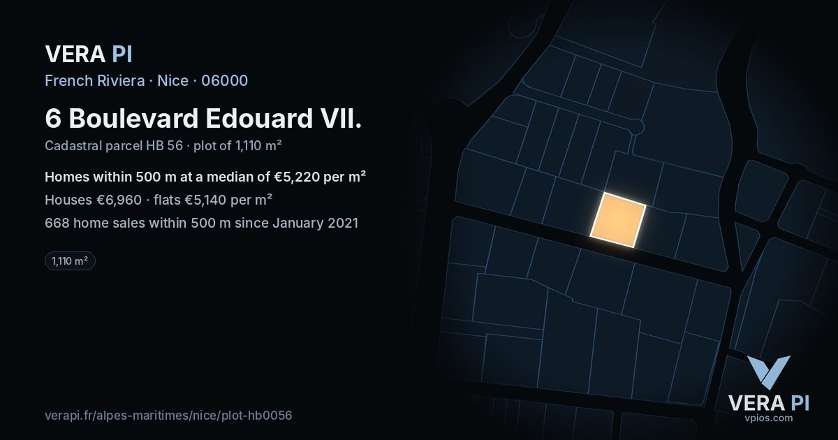 6 Boulevard Edouard VII, Nice at night – the plot lit, the parcels around coloured by the prices near them