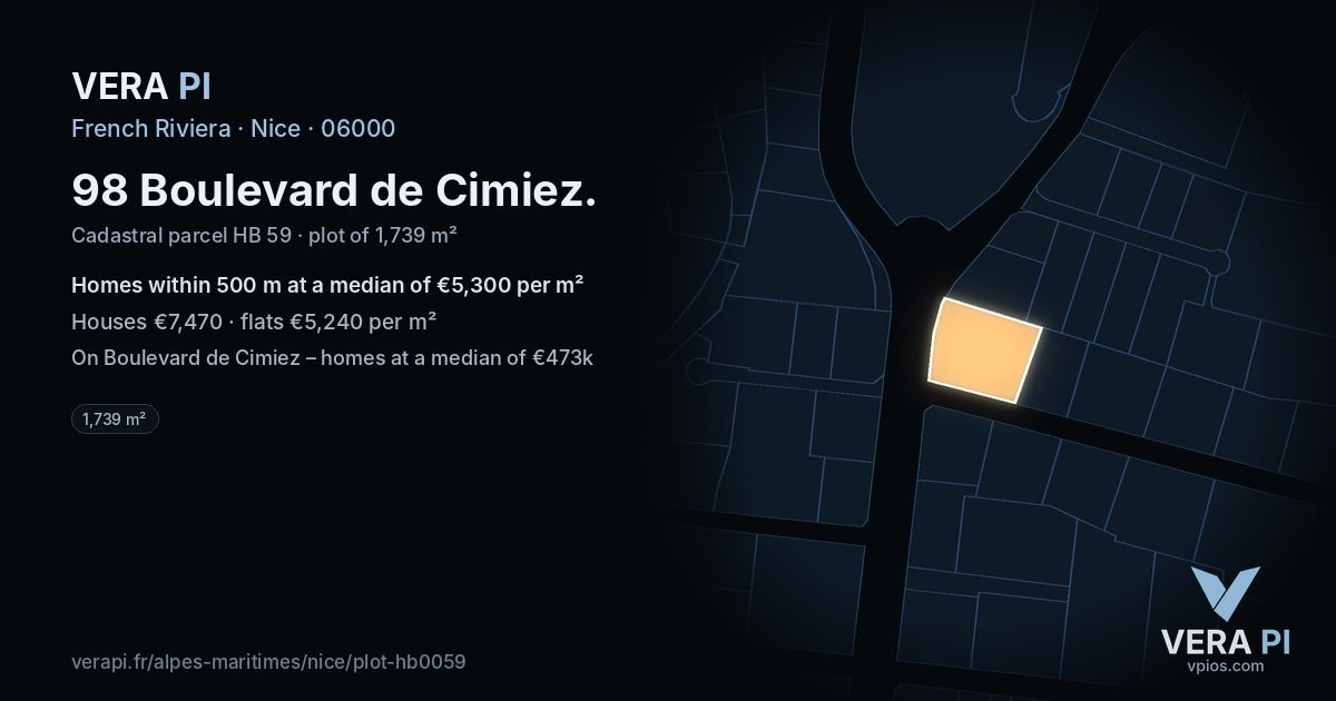 98 Boulevard de Cimiez, Nice at night – the plot lit, the parcels around coloured by the prices near them