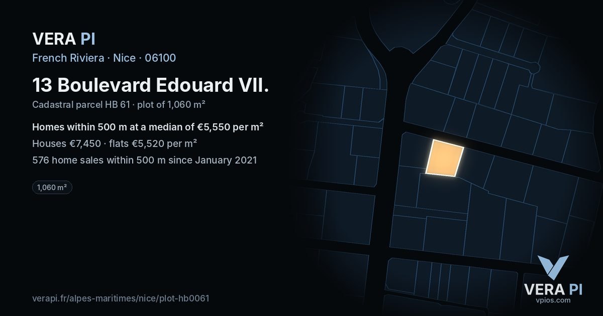 13 Boulevard Edouard VII, Nice at night – the plot lit, the parcels around coloured by the prices near them