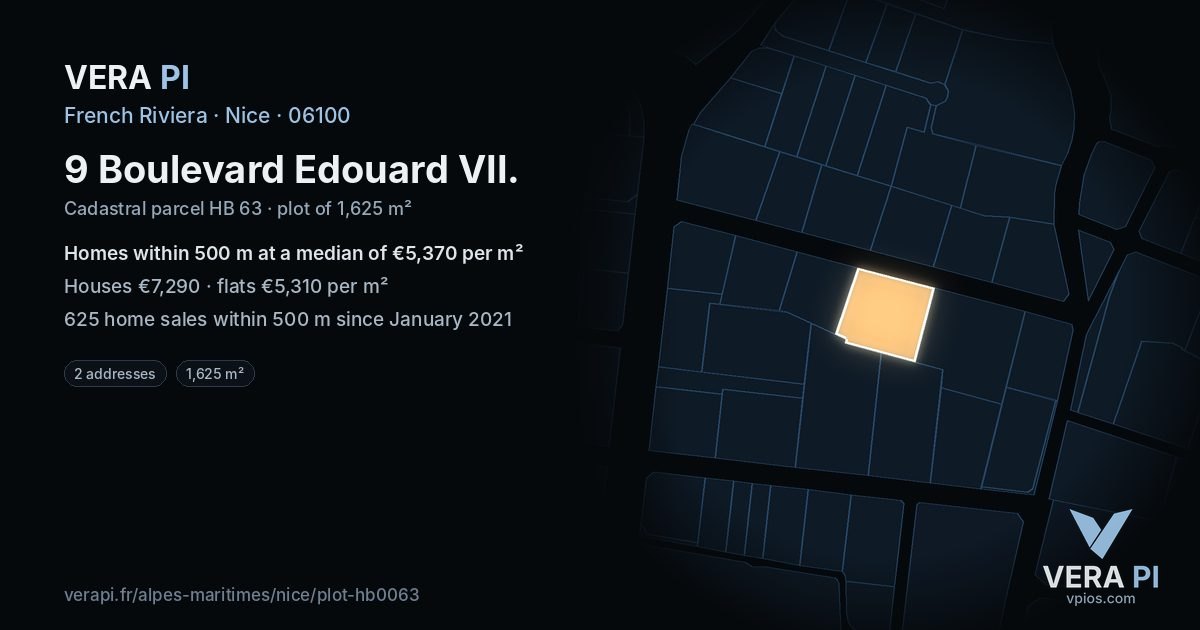9 Boulevard Edouard VII, Nice at night – the plot lit, the parcels around coloured by the prices near them