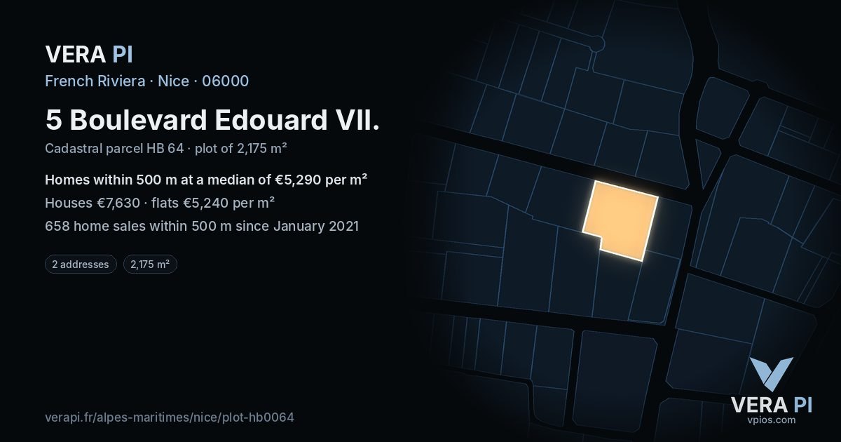 5 Boulevard Edouard VII, Nice at night – the plot lit, the parcels around coloured by the prices near them