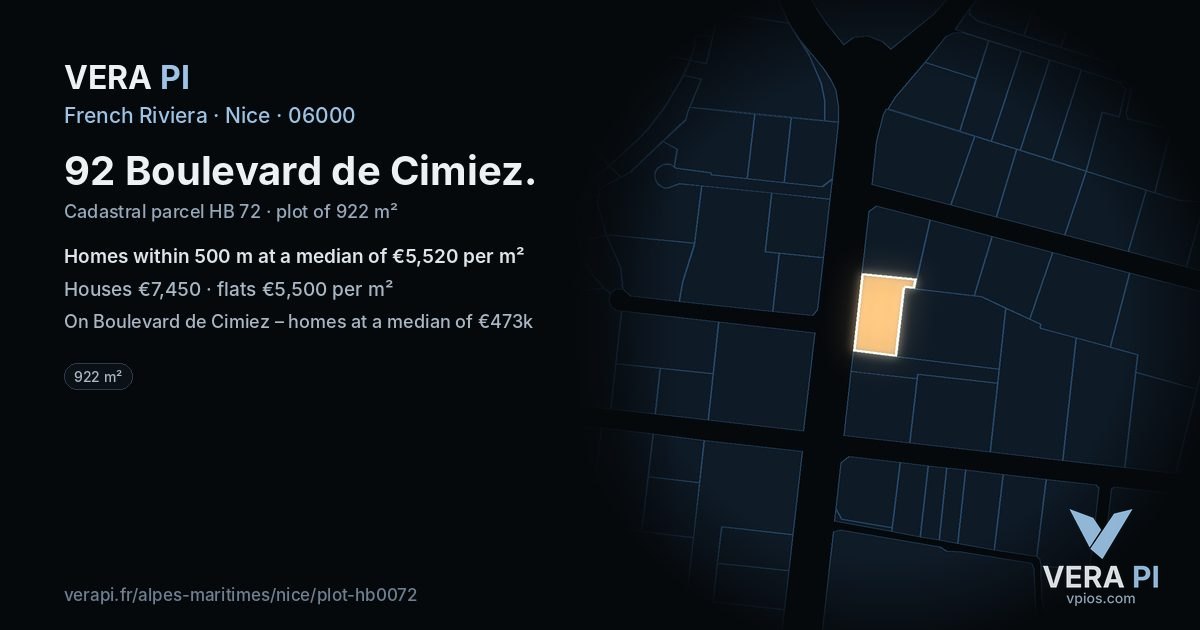 92 Boulevard de Cimiez, Nice at night – the plot lit, the parcels around coloured by the prices near them