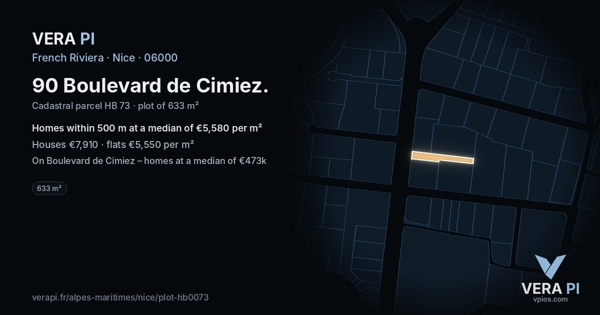 90 Boulevard de Cimiez, Nice at night – the plot lit, the parcels around coloured by the prices near them