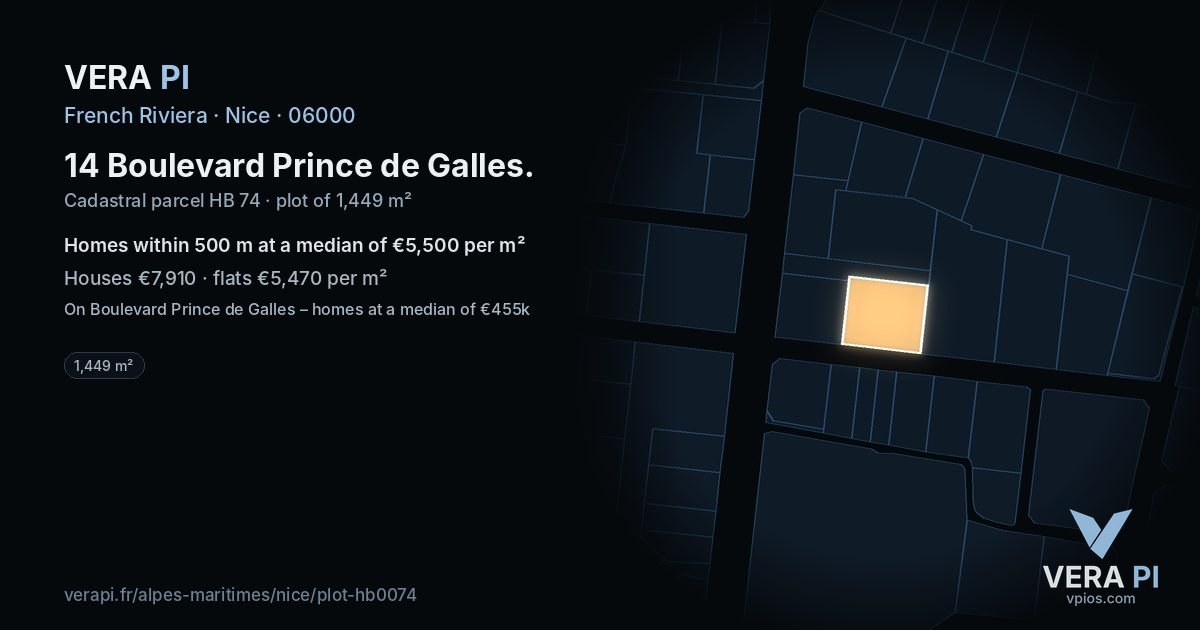 14 Boulevard Prince de Galles, Nice at night – the plot lit, the parcels around coloured by the prices near them
