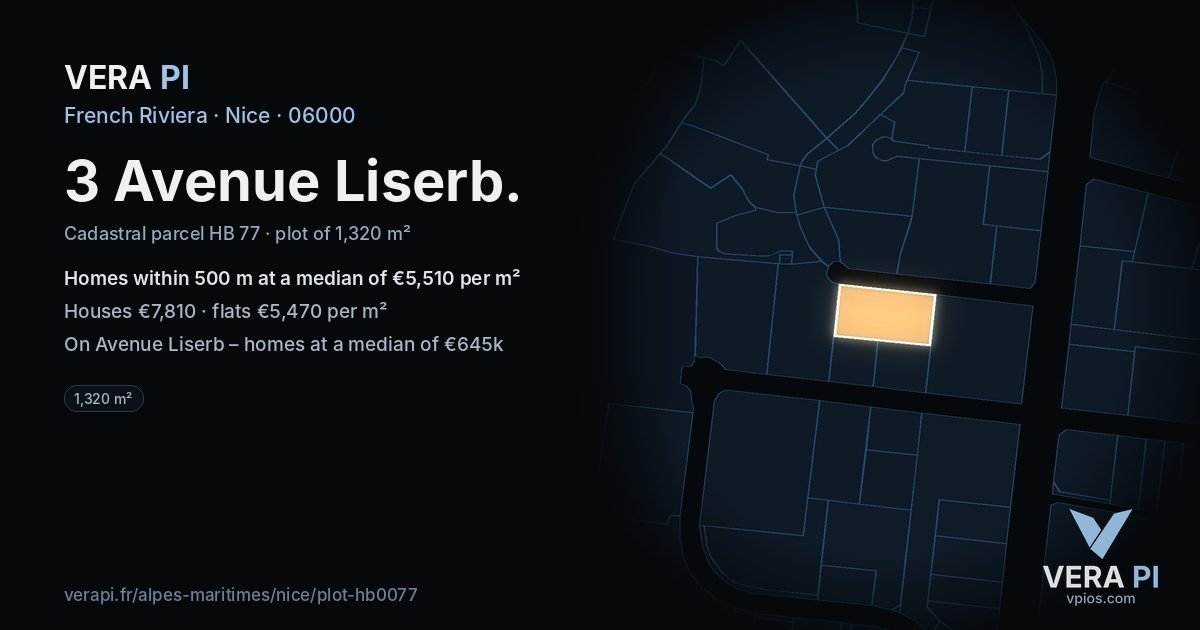 3 Avenue Liserb, Nice at night – the plot lit, the parcels around coloured by the prices near them